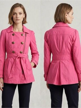 Tulle Bright Pink Double-Breasted Zip Front Tie-Waist Trench Jacket  -Sz Small